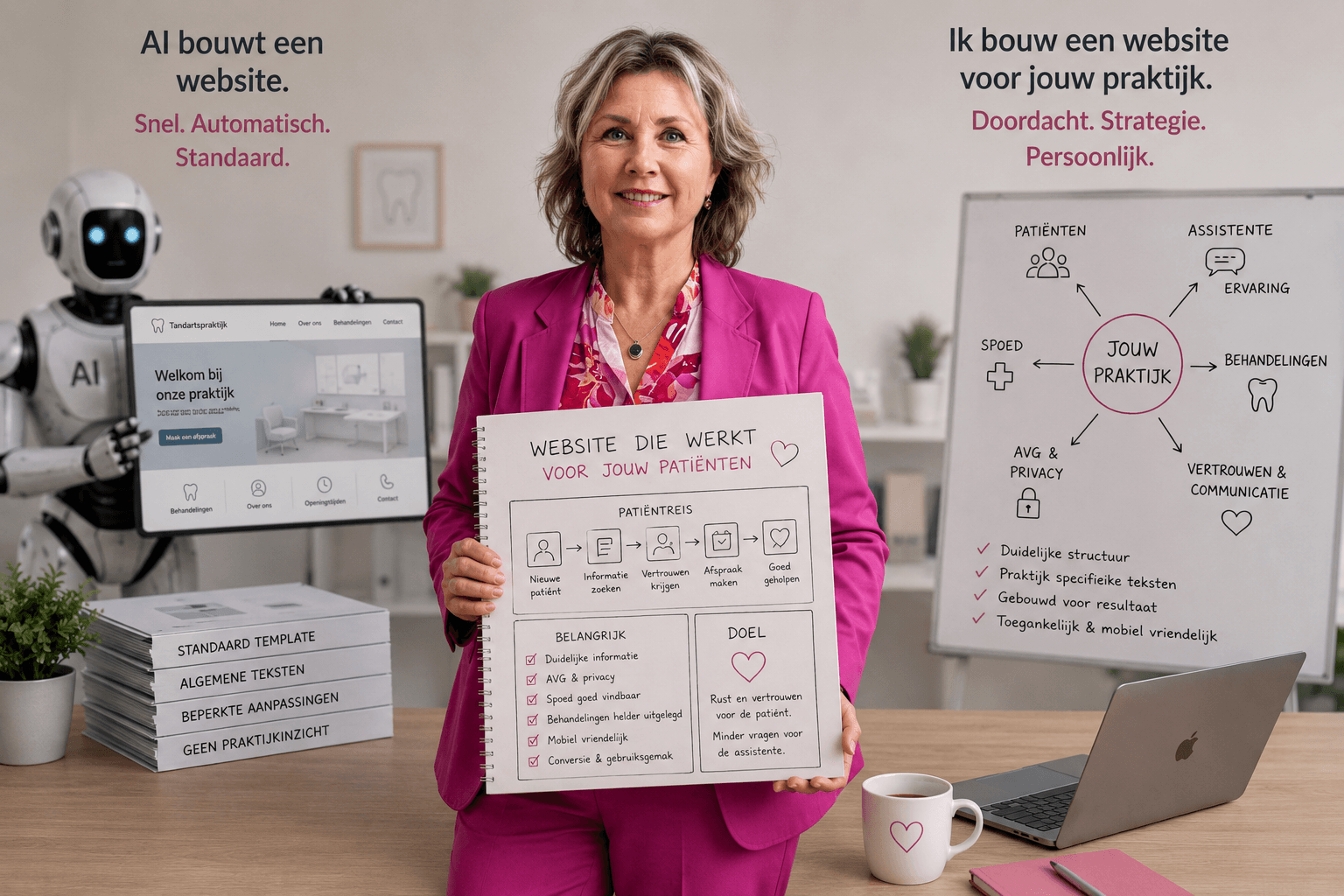 AI vrs webdesigner Debbie van Be Visual Online Debbie Hoff tussen AI-website links en praktijkgerichte aanpak rechts, met patiëntreis in handen.
