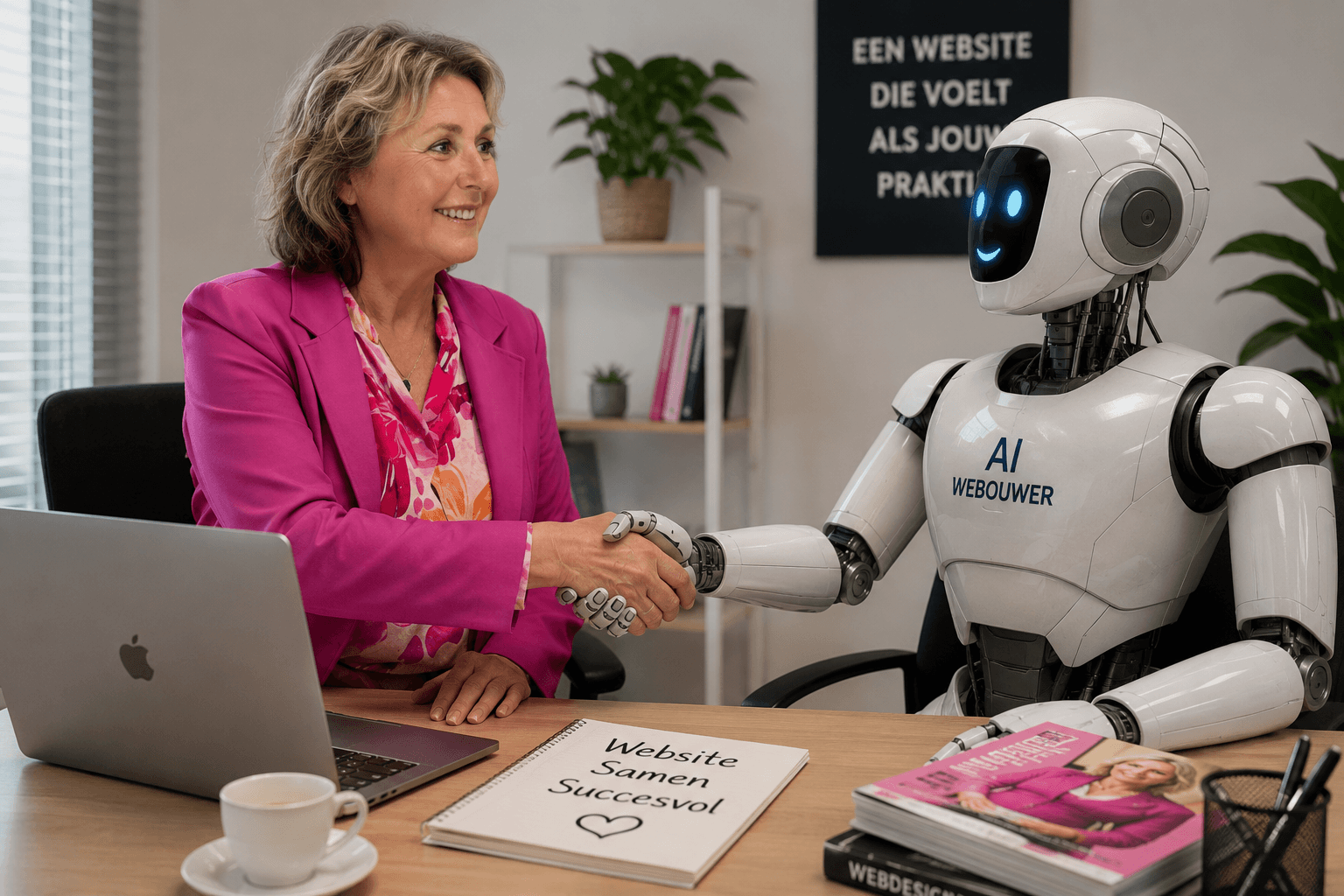 Ai helpt webdesigner Debbie van Be Visual Online, met afbeeldingen, teksten en ideetjes. Niet met de bouw zelf. Debbie Hoff schudt hand met AI-robot aan bureau met laptop en notitieboek "Website Samen Succesvol".