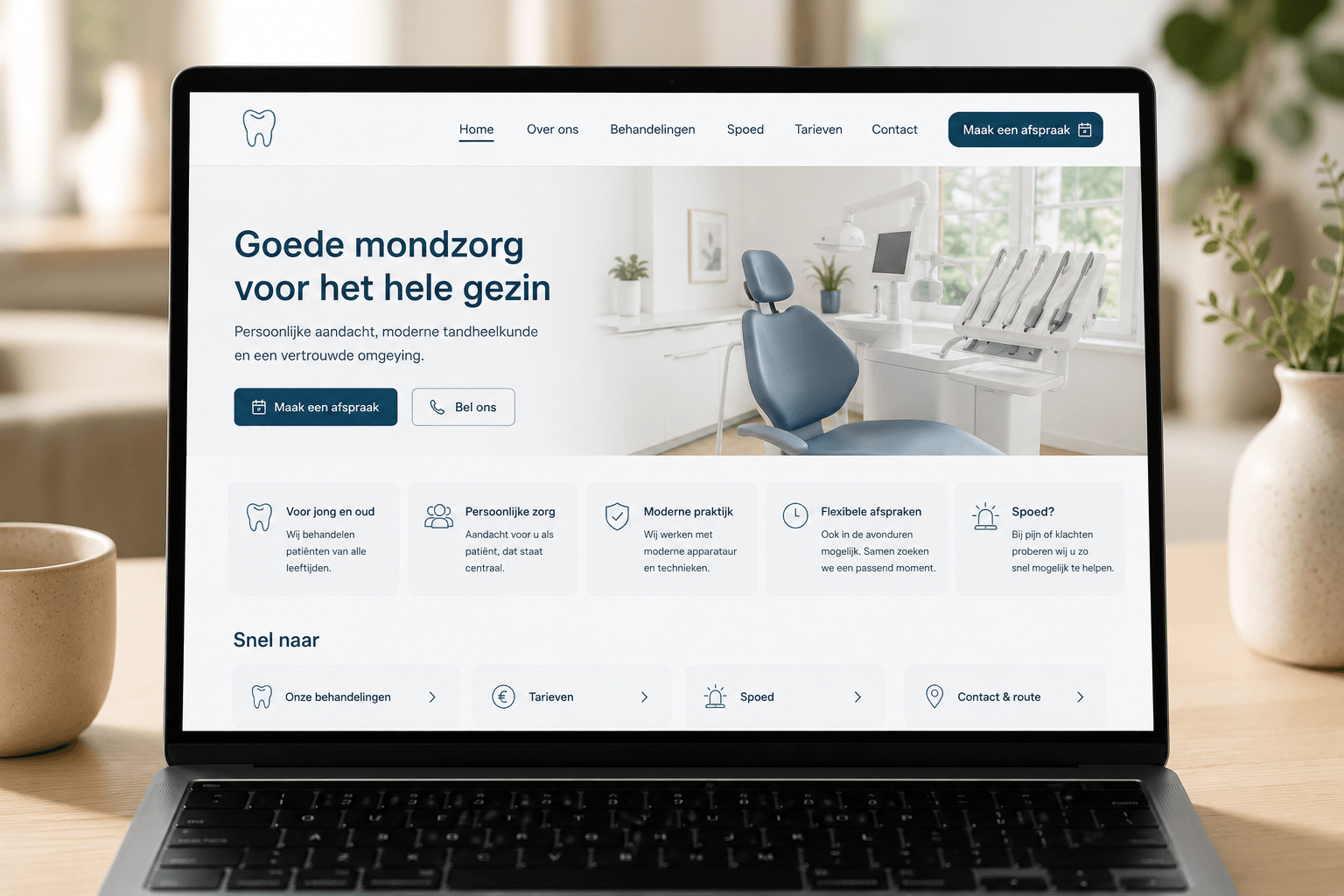 Mockup van een tandartswebsite homepage op laptop met navigatie en spoedknop, AI-gegenereerde afbeelding