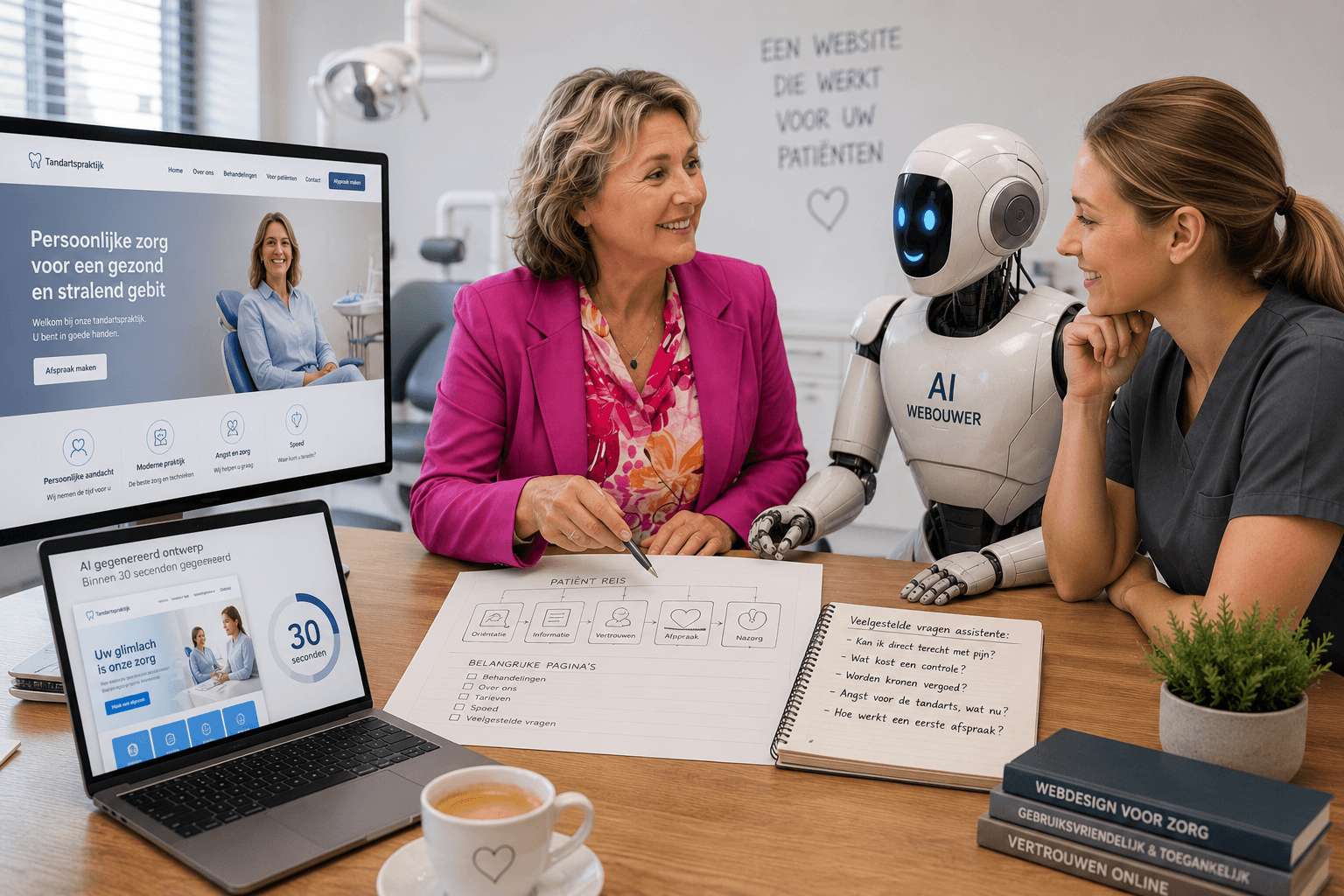 Webdesigner Debbie van Be Visual Online, in gesprek met een tandarts(assistente) over de website. Ai kijkt mee Debbie Hoff bespreekt tandartswebsite met assistente. AI-robot kijkt mee. Patiëntreis en vragen op tafel.